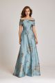 TERI JON OFF SHOULDER METALLIC JAQUARD A LINE GOWN