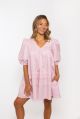 KARLIE SOLID POPLIN VNECK SCALLOP PUFF SLV DRESS