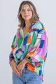 KARLIE ABSTRACT SATIN BUTTON PUFF SLEEVE TOP